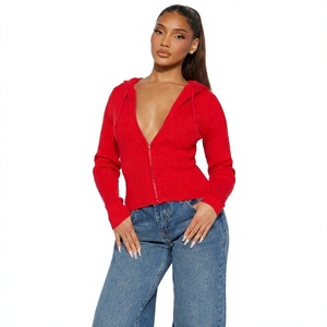 Sudadera con capucha roja de punto para mujer, con cremallera, manga larga, estilo crop top, informal, estilo streetwear, fabricante OEM, proveedor ODM - Product Image 1