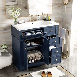 Mobile bagno freestanding da 36 pollici con 3 cassetti, telaio in legno massello e lavabo in resina - Combinazione mobiletto contenitore per bagno - Product Image 4