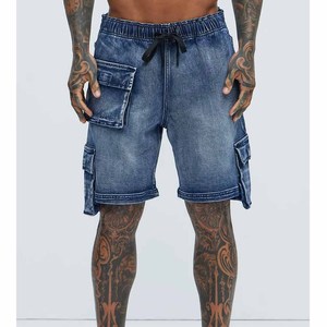 Shorts cargo en jean bleu pour homme, taille mi-haute, fermeture élastique, avec poches à rabat, style décontracté, finition délavée, pour un usage quotidien. - Product Image 3