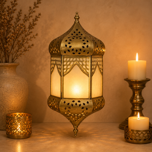 <b>Moroccan</b> Hanging Palace Arch Metal Lantern with Frosted Glass Antique Brass Finish Decorative Candle Holder for Ramadan <b>Decor</b> - Product Image 1
