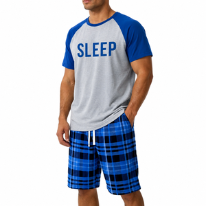 Ensemble de pyjama décontracté Fasmic International pour homme, en coton 100% respirant, à manches courtes, à carreaux bleus, avec poches, pour l'hiver - Product Image 1