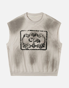 Lightweight Women's Cream Crew Neck Sleeveless <b>Tank</b> <b>Top</b> With <b>Black</b> Ornate Print Front Logo Casual Style Knitted Cotton Low Cost - Product Image 1