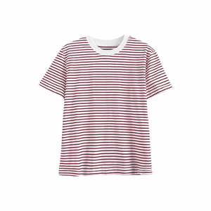 เสื้อยืดผู้หญิงคุณภาพพรีเมียม สีแดงเลือดหมู ลายทางสีขาว คอกลม สวมใส่สบาย ระบายอากาศได้ดี ผ้าฝ้าย เหมาะสำหรับใส่ลำลองในฤดูร้อน สไตล์สตรีทแวร์ - Product Image 1
