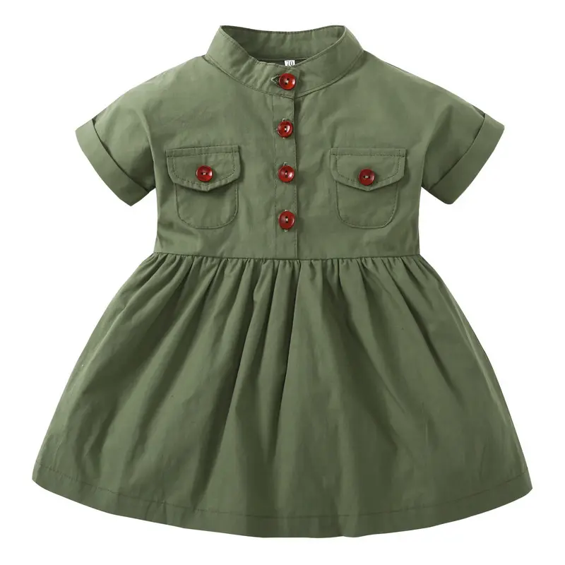 Latest Europe Short-sleeved Children's Dress Designs Cotton Military Green Kids Girls Dress