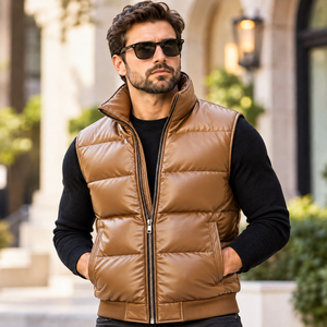 Veste bomber en cuir véritable pour homme |   Veste bomber sans manches en cuir véritable pour homme - Product Image 1