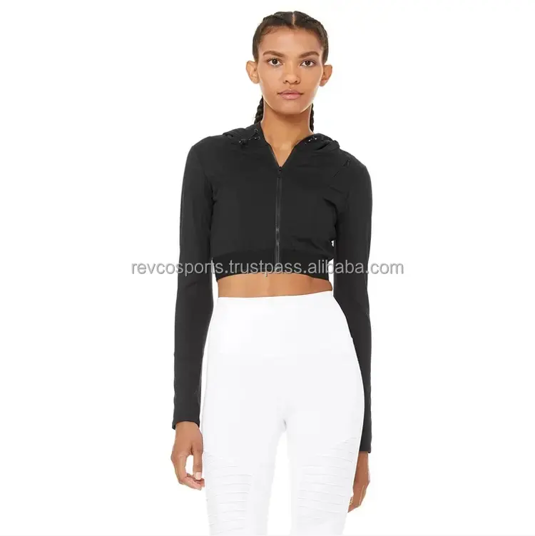 New Sporty Design On trend Cropped Women Gym Hoodies Adjustable Bungee Mesh Back Women Training Sweatshirts long sleeve jacket