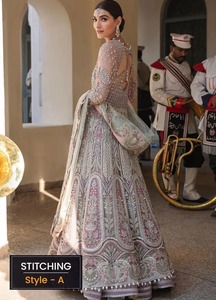 Premium Pakistani Bridle Dress Peach Pink Pastel Layered Farshi Lehnga Featuring Exquisite Silver Kora Dabka Handwork - Product Image 2