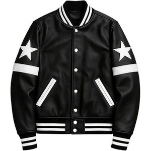 Men's Black Varsity <b>Jacket</b> With White <b>Stars</b> And Stripes Turn-down Collar Button Closure Casual Autumn Wear - Product Image 2