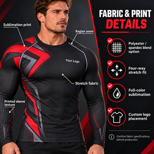 Custom Men's Black Red Graphic <b>Long</b> <b>Sleeve</b> <b>Compression</b> <b>Shirt</b> Crew Neck Fitted Gym Training Rash Guard Athletic Sports Base Layer - Product Image 5