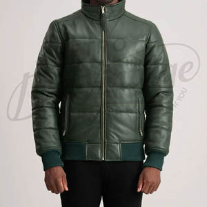 Blouson matelassé en cuir vert forêt pour homme, col montant, doudoune d'hiver en similicuir rembourrée avec bordures côtelées - Product Image 6