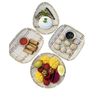 Juego de 4 bandejas ovaladas rectangulares hechas a mano en Vietnam para servir té, aperitivos, pasteles de bambú, 23 cm, acabado natural, redondas para nueces - Product Image 6