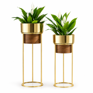 Juego de Macetas de Lujo con Recubrimiento de Polvo Metálico Dorado y Detalles en Madera |   Soportes Altos para Macetas de Interior, Juego de Decoración para Sala de Estar, Hotel, Oficina y Hogar - Product Image 1