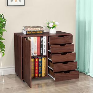 Classeur en bois MDF à cinq tiroirs brun foncé avec porte simple en PVC - Product Image 1