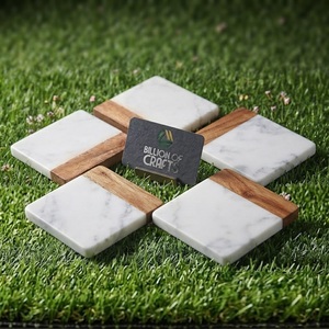 Marble Wood <b>Coaster</b> <b>Set</b> Of 6 Natural Stone Timber Beverage <b>Holder</b> Premium Tabletop Accessory - Product Image 2
