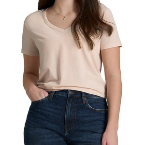 T-shirt à manches courtes pour femme, col en V, couleur unie, logo, vêtement décontracté, coupe classique, tissu jersey 100% coton biologique, respectueux de l'environnement - Product Image 5