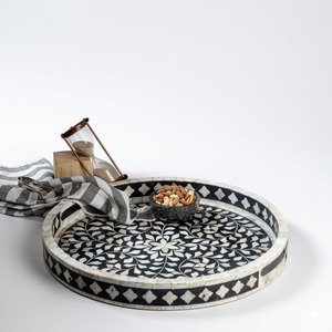 Handcrafted Mother Of Pearl Inlay <b>Round</b> Serving Tray <b>White</b> Floral Design Mop Decorative Ottoman & Coffee <b>Table</b> Platter For Home - Product Image 6
