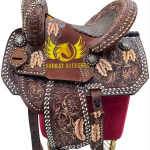 Silla de montar occidental de cuero genuino con adornos de plumas de alta calidad, cómoda para el jinete y el caballo, duradera y ecológica. - Product Image 3