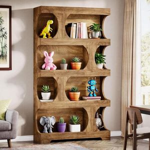 Étagère à livres en bois asymétrique à 4 niveaux, autoportante, pour rangement et présentation - Product Image 1