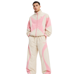 Chándal unisex retro de nailon con bloques de color, chaqueta impermeable con cremallera y logotipo bordado personalizado, y joggers de pierna ancha, cortavientos OEM - Product Image 1