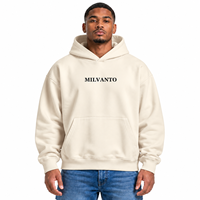 Hoodie Pria Custom Cream 450 GSM Bahan Fleece Katun Tebal Premium Ukuran Besar dengan Kantong Kanguru Model Longgar