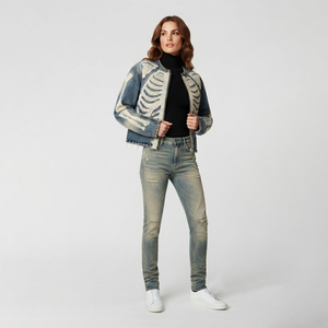 Veste en jean personnalisée pour homme, motif squelette, brodée, patchwork, délavée, effet vieilli, ourlet brut, vintage, zippée, style motard, streetwear Y2K - Product Image 6