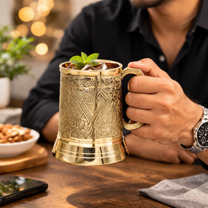 Premium Embossed Metal <b>Goblet</b> Mug with Handle | Antique Finish Decorative Cup | Vintage Style Drinkware for Home Party Gift Use - Product Image 1