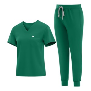Conjunto de Uniforme Médico Verde para Mujer de Primera Calidad, Top con Cuello en V y Bolsillo, Pantalones con Cordón, Uniforme de Hospital, Tejido de Algodón y Poliéster - Product Image 1