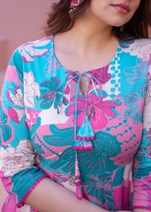 Women's Summer Maxi Dress Muslin Fabric Round Neck No Collar Washable Floral Print Color <b>Three</b>-Quarter Sleeves Loose Fit - Product Image 4