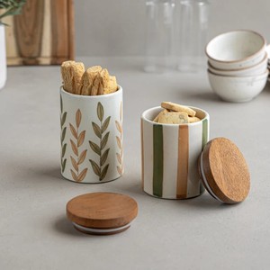 Tarro de Almacenamiento de Cerámica con Tapa de Madera, Recipiente Hermético para Cocina, Diseño Elegante con Hojas, Organizador que Ahorra Espacio - Product Image 3