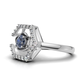 Bague de fiançailles de luxe en or blanc/jaune et rose 18 carats avec saphir bleu rond et halo ouvert, vente en gros - Product Image 2