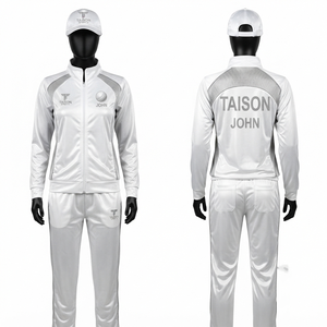 <b>Cricket</b> Training Suit Unisex 300g Premium Polyester Interlock Green <b>White</b> Panel Design Custom Logo Zipper Tracksuit Windproof - Product Image 3