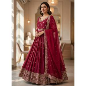 Red <b>Colour</b> Gown <b>Set</b> for Women Elegant Ethnic Wear with Dupatta Perfect for Wedding Festive Party and Special Occasions - Product Image 1