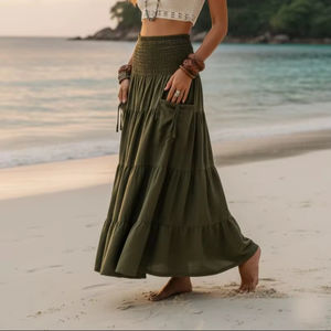 กระโปรงแม็กซี่ชายหาดสำหรับผู้หญิง ผ้าฝ้ายออร์แกนิค ทรงระบายหลายชั้น พลิ้วไหว สไตล์โบฮีเมียน กระโปรงยาวสำหรับฤดูร้อน ชุดเดรสยาวสำหรับฤดูร้อน - Product Image 1