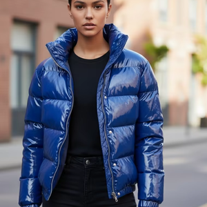 Chaqueta Acolchada de Algodón con Brillo Intenso, Cálida y Acolchada, con Frente Tejido, Personalizada, para Mujer, Azul, 2021, para Invierno - Product Image 1