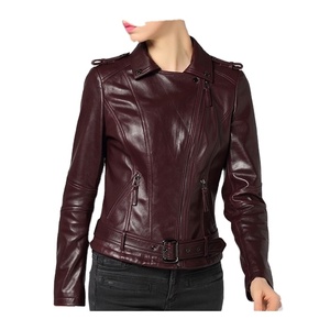 Burgundy Genuine Leather Hooded Moto Jacket Women <b>Slim</b> Fit Zipper Closure Turn-down Collar <b>Belted</b> Regular Sleeve Solid Color - Product Image 1