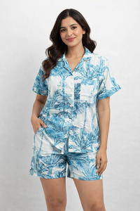 Ensemble de pyjama en coton pour femmes, imprimé palmiers bleus, chemise à manches courtes, vêtements de détente d'été, ensemble fait main - Product Image 6