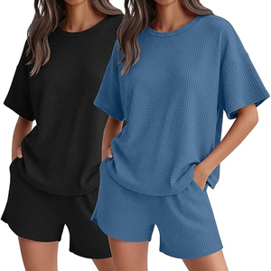 Women Solid Color Waffle Knit T Shirt and Shorts <b>Matching</b> Set Summer Casual Lounge Outfit - Product Image 6