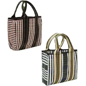 Recycled plastic striped ladies mini shopping handbag with customised logo size colour for travel beach