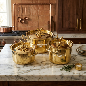 Elegant 3-Piece Gold Hammered Casserole <b>Set</b> with Leaf Lids Stainless Steel Kitchenware Cooking <b>Pots</b> Food Safe Gas Induction Use - Product Image 1