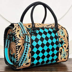 2026 New Custom Hand <b>Tooled</b> <b>Leather</b> Large Speedy Bag Turquoise & Black Diamond Checkered Design Handmade Shoulder Duffle Bags - Product Image 5