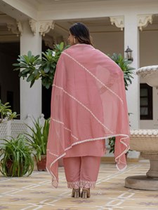 Pink Embroidered Silk Salwar Kameez Set <b>Net</b> Dupatta Women Traditional Casual Wear India Pakistan Style Summer Winter All Seasons - Product Image 4