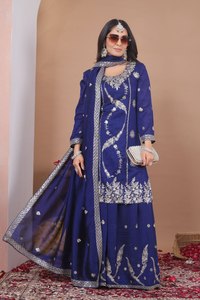 Traje Anarkali de algodón azul real con bordado plateado para mujer, ropa de boda, vestido tradicional indio largo hasta el suelo. - Product Image 4