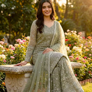 Robe de soirée brodée en georgette de renard pour femme, avec pantalon en micro-crêpe et dupatta, ornée de sequins de haute qualité, idéale pour les fêtes – Prix de gros - Product Image 1