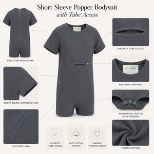 Combinaison à fermeture éclair bleu marine foncé |   Vêtements sensoriels spéciaux pour enfants, tenue inclusive, manches courtes, coton extensible, respirant, doux - Product Image 3