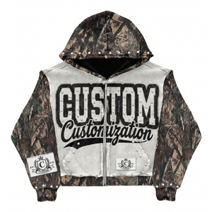 Heavyweight <b>Hoodie</b> <b>Mens</b> 450gsm 100% Cotton French Terry Custom Applique Embroidered <b>Camo</b> Graphic Print Full Zip Boxy <b>Hoody</b> - Product Image 1