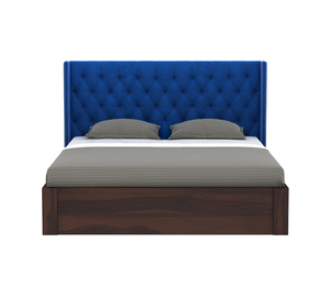 Cama Doble de Madera Maciza de Sheesham, Tamaño King, Acabado Azul Índigo-Nogal, Cama Moderna Tapizada de Madera Maciza con Espacio de Almacenamiento - Product Image 1