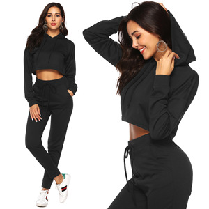 Women's Black Cropped Tracksuit Set Full Sleeve Crew Neck Solid Color Casual Ankle-Length <b>Pants</b> With Side Pockets Elastic Waist - Product Image 4