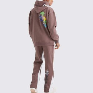 Ensemble de survêtement décontracté pour homme en molleton léger marron uni avec sweat à capuche et pantalon de jogging - Product Image 4