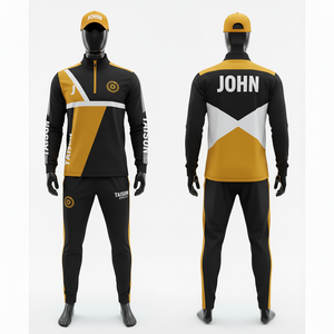 Survêtement d'entraînement de football pour hommes en tissu polyester et élasthanne de qualité supérieure, design à panneaux noir et blanc, logo personnalisé par transfert thermique, coupe athlétique - Product Image 1