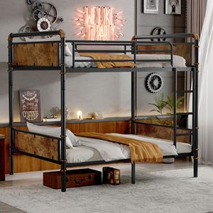 Letto a Castello in Metallo Industriale Separabile Twin XL su Twin XL con Sponde di Sicurezza, Struttura Nera per Ragazzi e Persone di Taglia King - Product Image 1